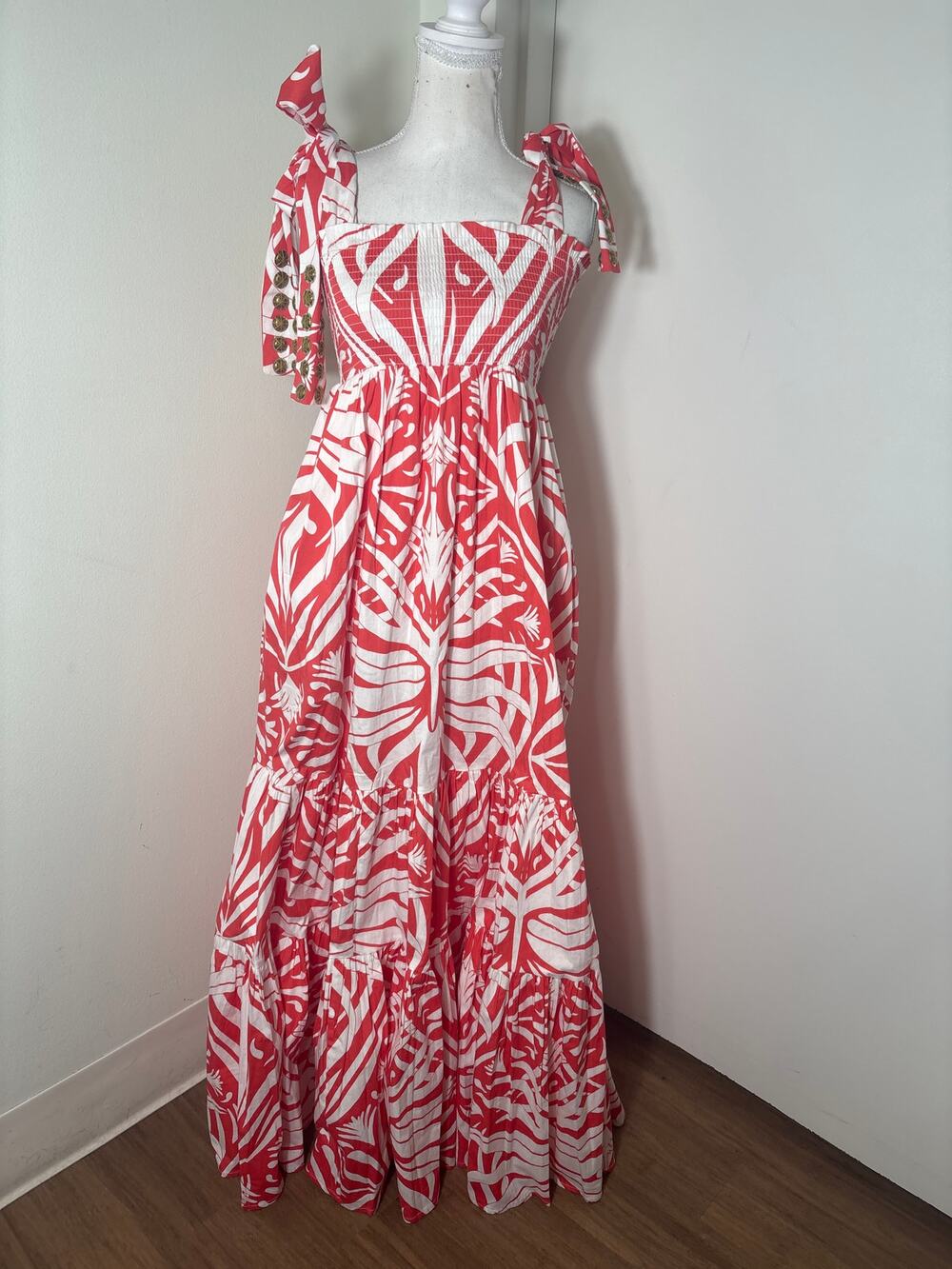 Sheridan French Orangy Pink Smocked Cotton Maxi Dress Sz S